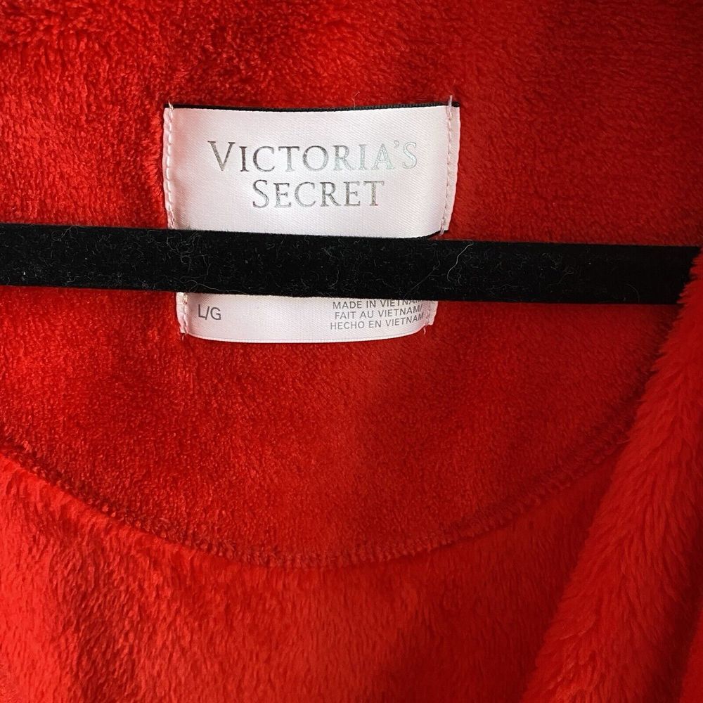 Victoria Secret‎ Plush Short Robe Large Red White Ribbon Trim Pockets Belt - Picture 3 of 5